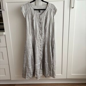 ONZ Linen Light Gray Midi Button Down Cap Sleeve Size L Dress Lagenlook Italy